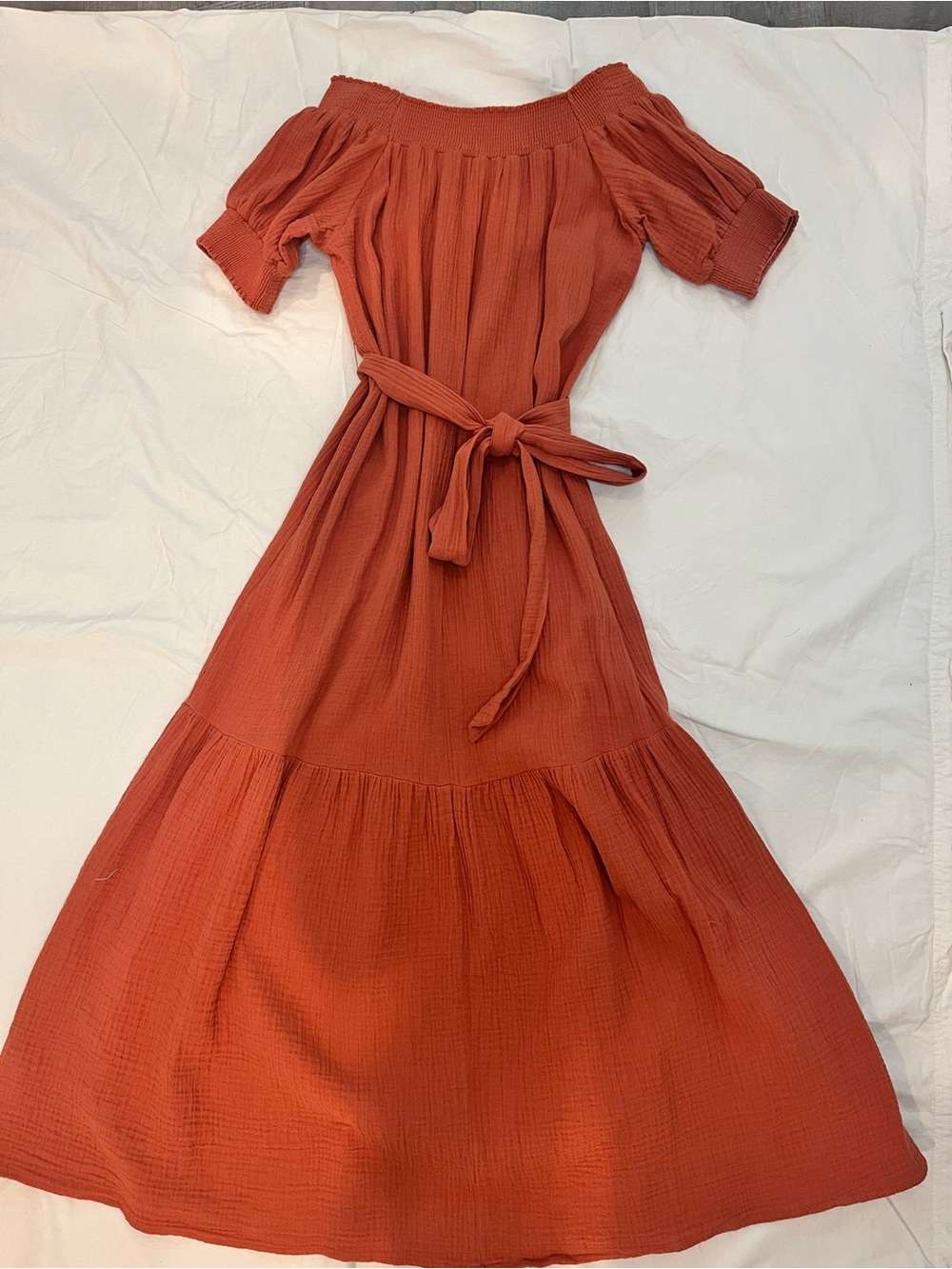 Lulu's Rust Orange Off-Shoulder Maxi Dress with Waist Tie